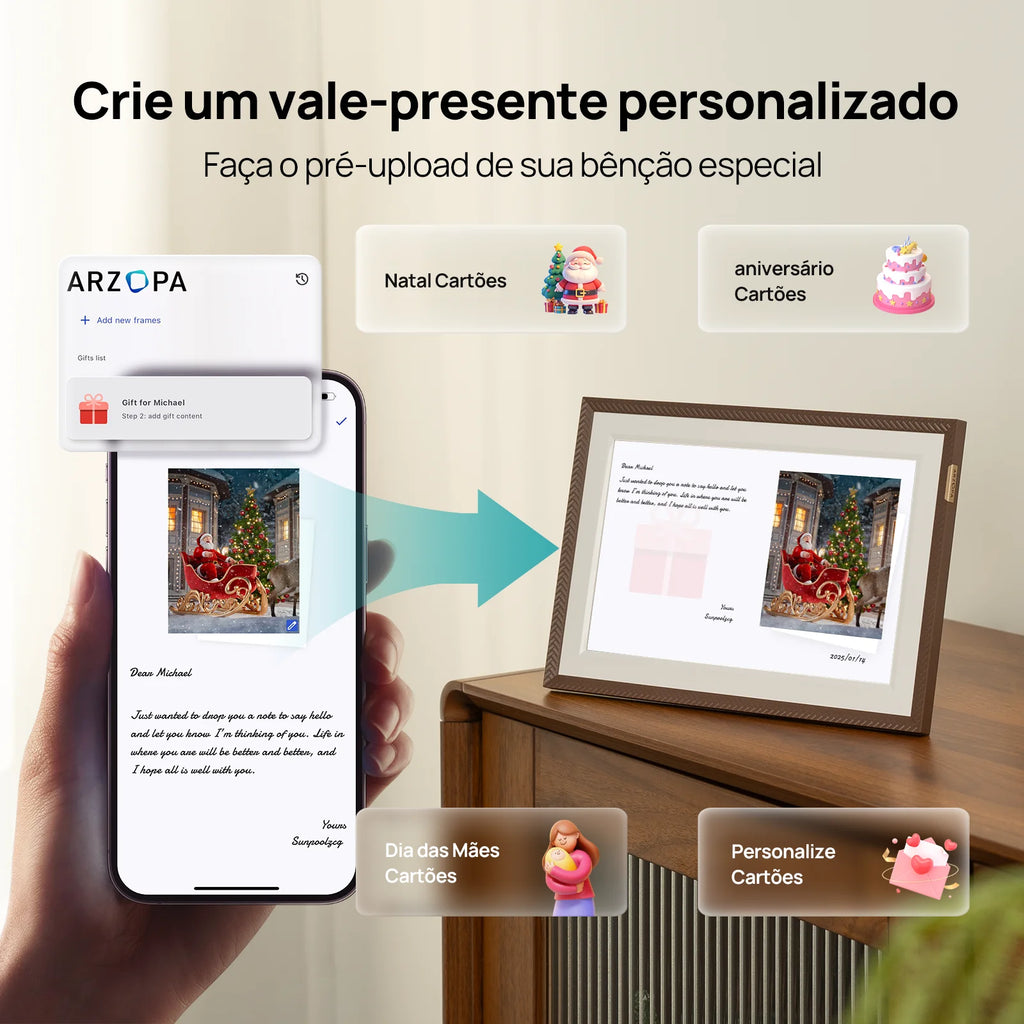 Porta-Retratos Digital ARZOPA 10,1" Touch Screen – WiFi, Compartilhamento Instantâneo de Fotos e Vídeo