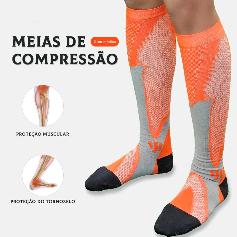 Meia de Compressão Esportiva Masculina e Feminina Corrida Ciclismo Academia Antifadiga Respirável