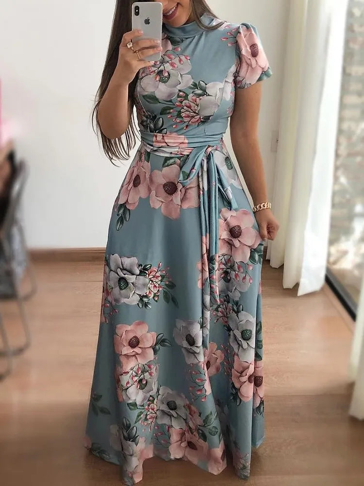 Vestido Longo Floral Feminino 2025 – Gola Alta, Amarração na Cintura e Estilo Casual Elegante