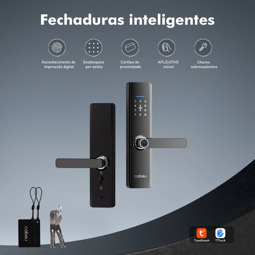 Fechadura Inteligente – Impressão Digital e Senha, Compatível com Tuya, Desbloqueio Rápido ≤1s, Eletrônica Coibeu