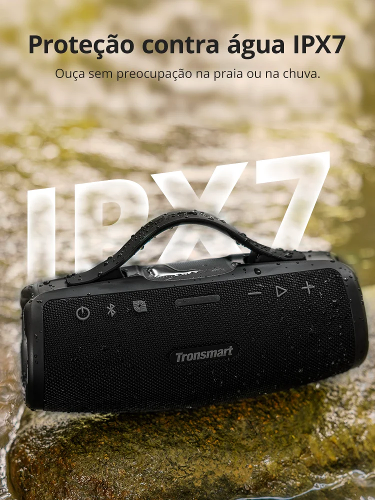 Caixa de Som Bluetooth Tronsmart Mirtune S100 – 50W, À Prova d’Água IPX7, Controle por App, Powerbank Integrado e Alça Retrátil