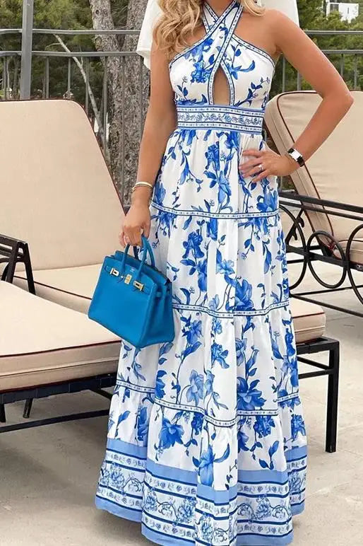 Vestido Feminino Longo 2025 – Estampa Floral, Halter, Cintura Vazado, Sem Manga