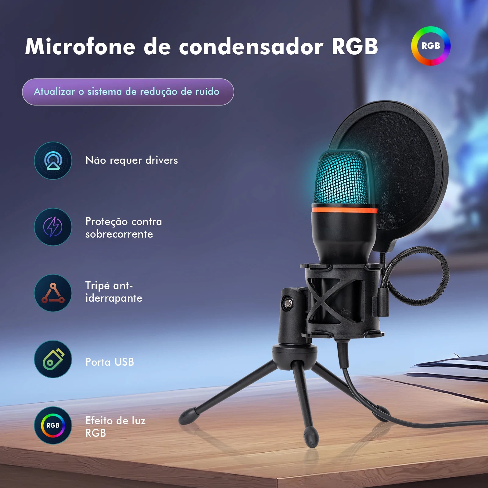 Microfone de Mesa USB Coibeu – 48KHz, Cancelamento Ativo de Ruído, RGB e Tripé Ajustável