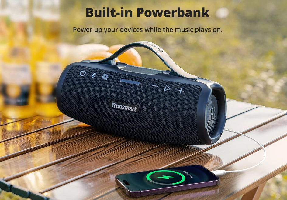 Caixa de Som Bluetooth Tronsmart Mirtune S100 – 50W, À Prova d’Água IPX7, Controle por App, Powerbank Integrado e Alça Retrátil