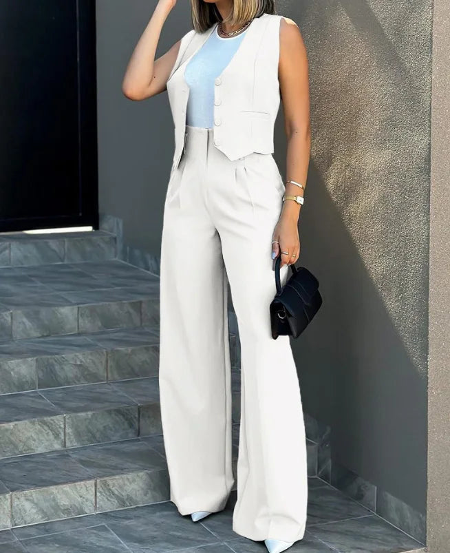 Conjunto Feminino Elegante – Colete Social com Botões e Calça Pantalona Cintura Alta
