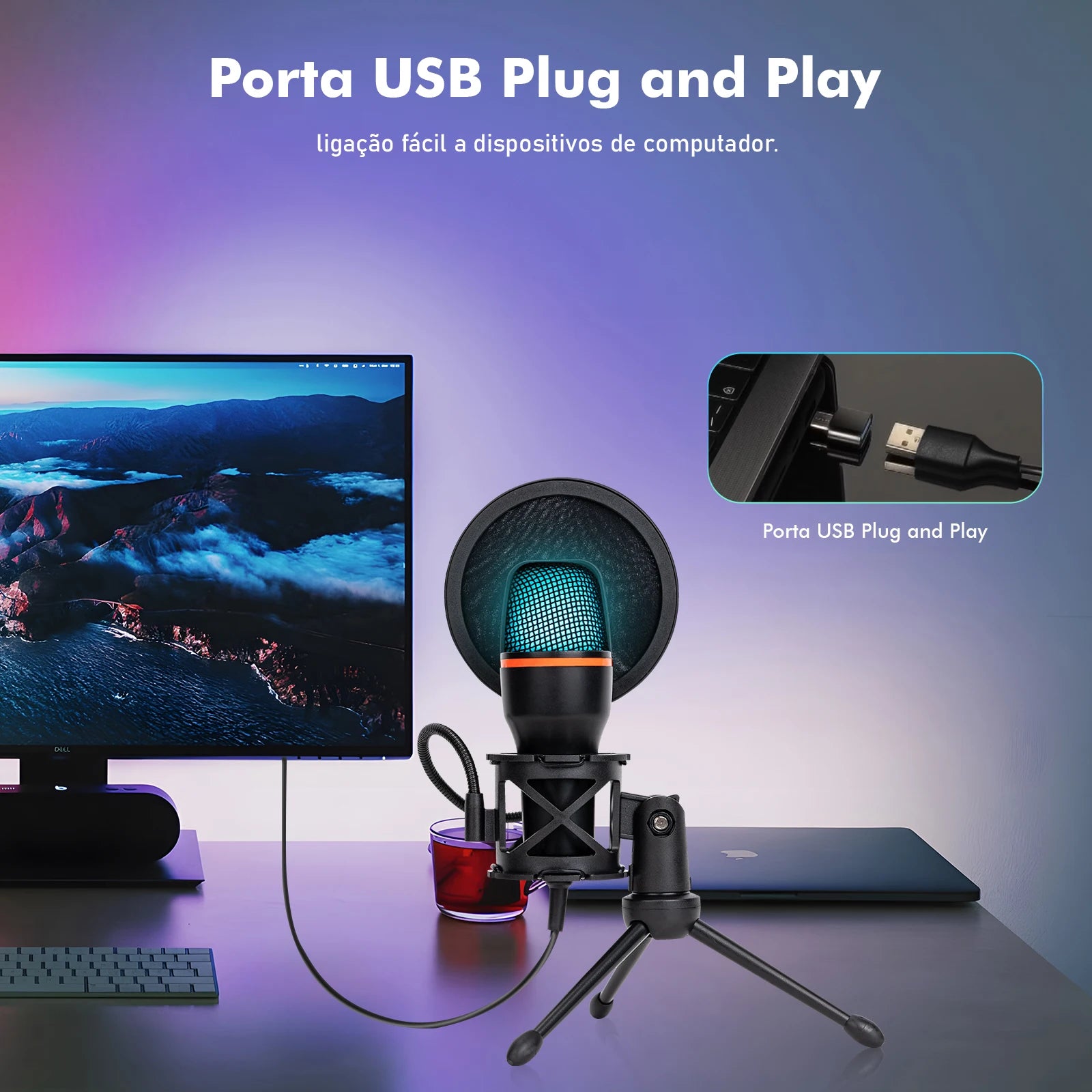 Microfone de Mesa USB Coibeu – 48KHz, Cancelamento Ativo de Ruído, RGB e Tripé Ajustável