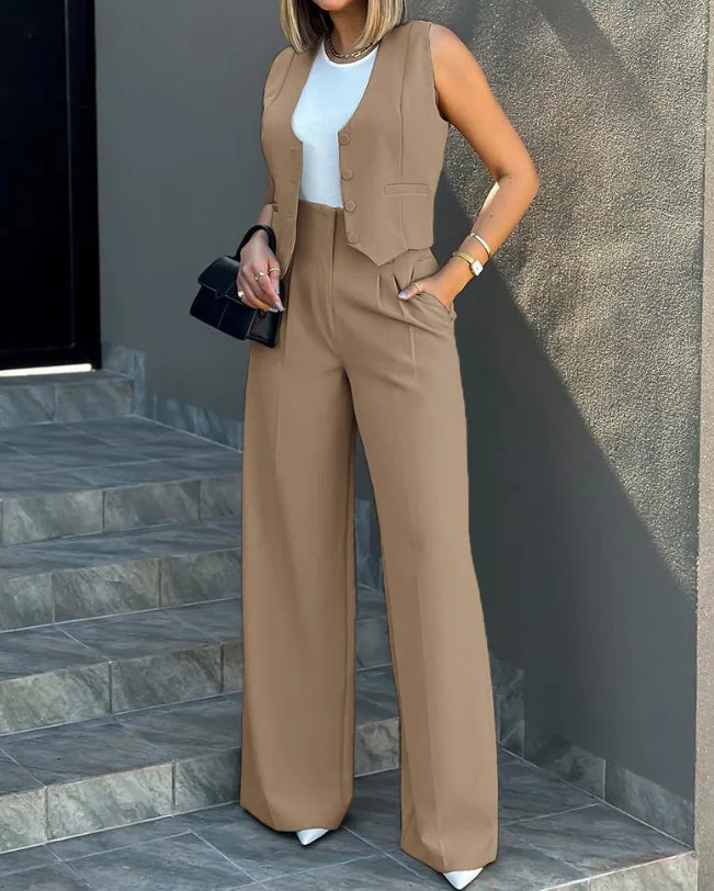 Conjunto Feminino Elegante – Colete Social com Botões e Calça Pantalona Cintura Alta