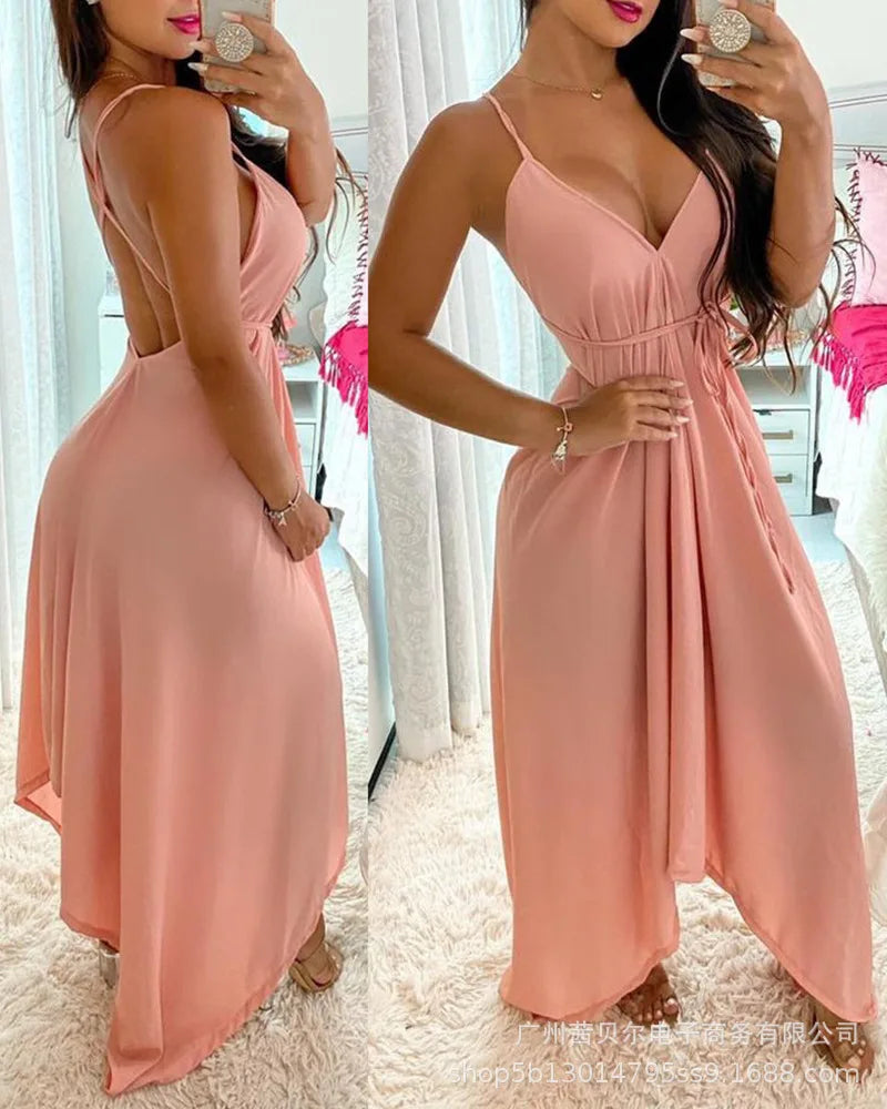 Vestido Longo Feminino 2025 – Decote V, Amarração, Costa Nua e Barra Assimétrica