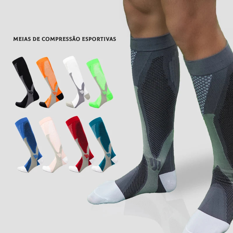 Meia de Compressão Esportiva Masculina e Feminina Corrida Ciclismo Academia Antifadiga Respirável