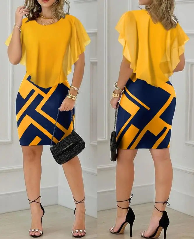 Vestido Bodycon Feminino 2025 – Manga Curta, Estampa Geométrica e Babado na Barra