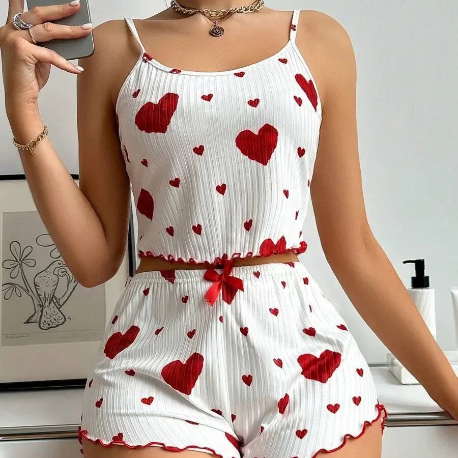 Conjunto Pijama Feminino 2 Peças – Regata e Shorts, Branco com Estampa Lov
