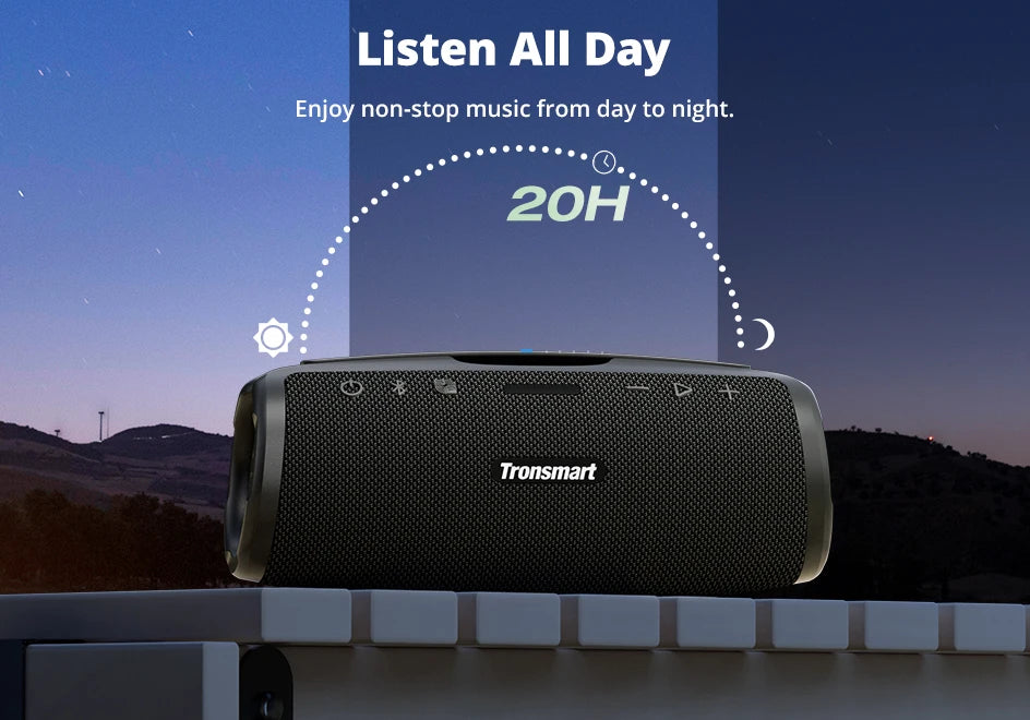 Caixa de Som Bluetooth Tronsmart Mirtune S100 – 50W, À Prova d’Água IPX7, Controle por App, Powerbank Integrado e Alça Retrátil