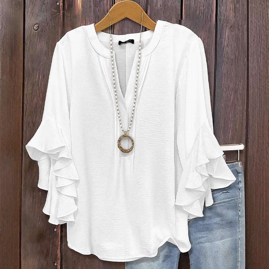 Camisa Feminina Casual Solta com Decote V – Manga 7/8, Estilo Elegante e Confortável