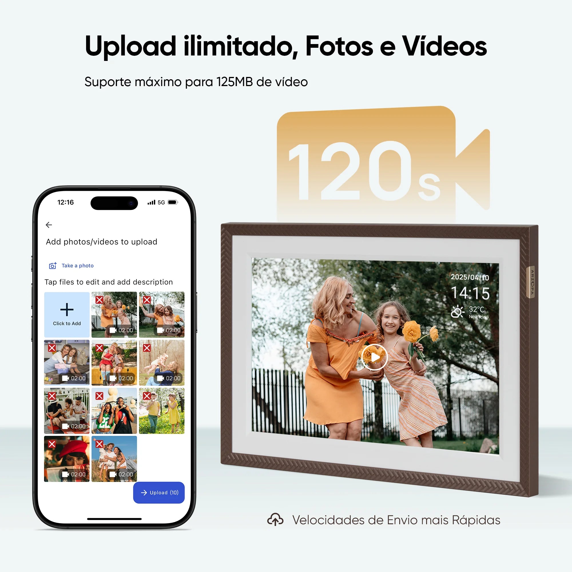Porta-Retratos Digital ARZOPA 10,1" Touch Screen – WiFi, Compartilhamento Instantâneo de Fotos e Vídeo