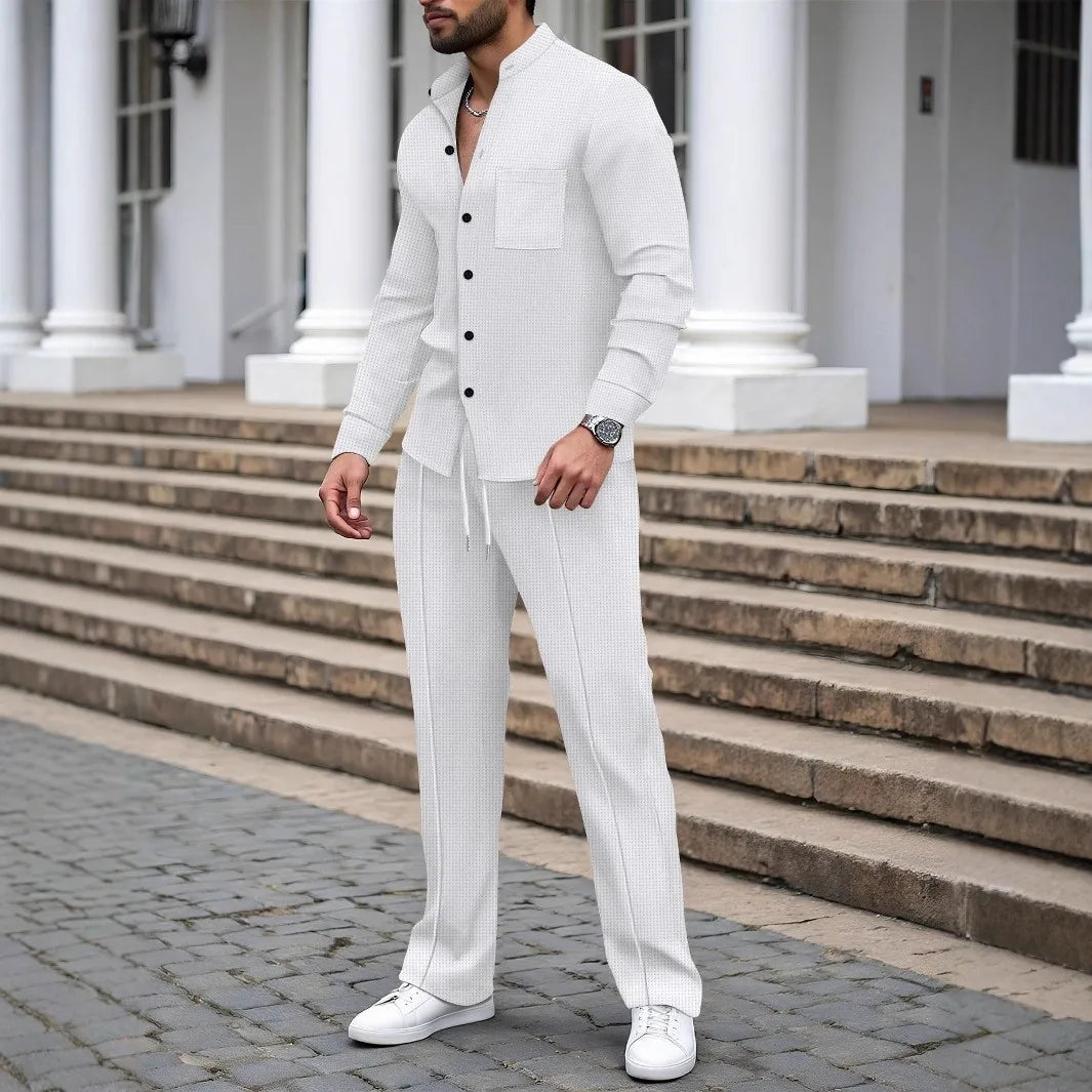 Conjunto Masculino Outono 2025 – Camisa Manga Longa com Bolso e Cardigan + Calça Casual