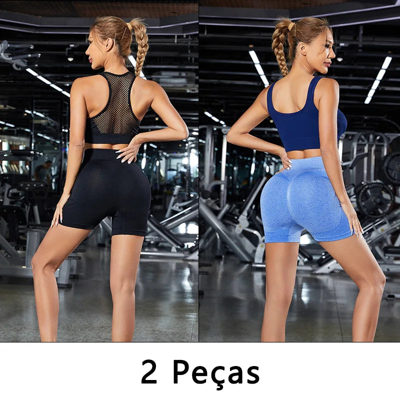 Conjunto 2 Peças – Shorts Esportivos Femininos, Ginástica e Yoga com Controle de Barriga e Glúteos