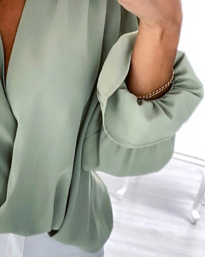 Blusa Feminina Elegante 2025 – Manga Longa Bufante, Estilo Envelope e Caimento Sofisticado