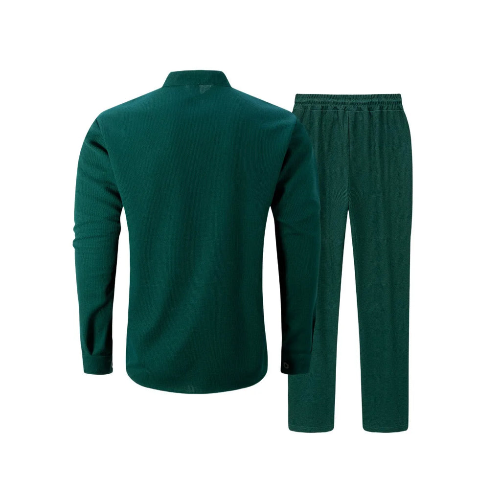 Conjunto Masculino Outono 2025 – Camisa Manga Longa com Bolso e Cardigan + Calça Casual