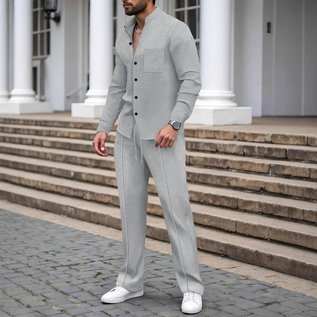 Conjunto Masculino Outono 2025 – Camisa Manga Longa com Bolso e Cardigan + Calça Casual