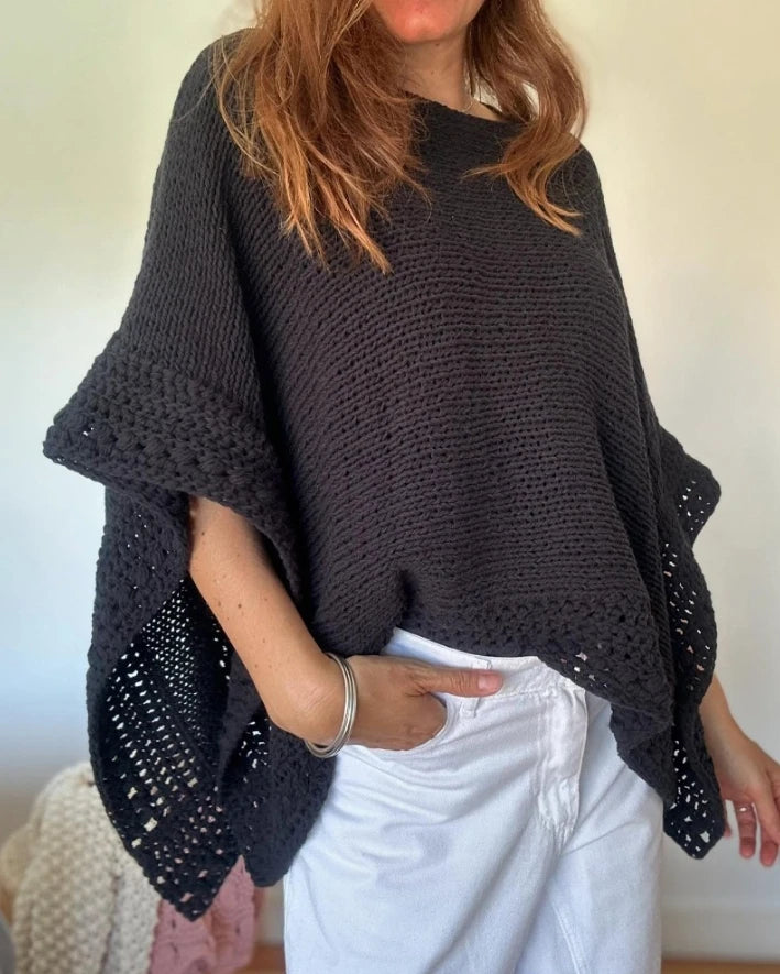 Blusa Feminina 2025 – Manga 3/4 Morcego, Padrão Vazado, Casual em Tricô