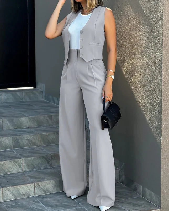Conjunto Feminino Elegante – Colete Social com Botões e Calça Pantalona Cintura Alta