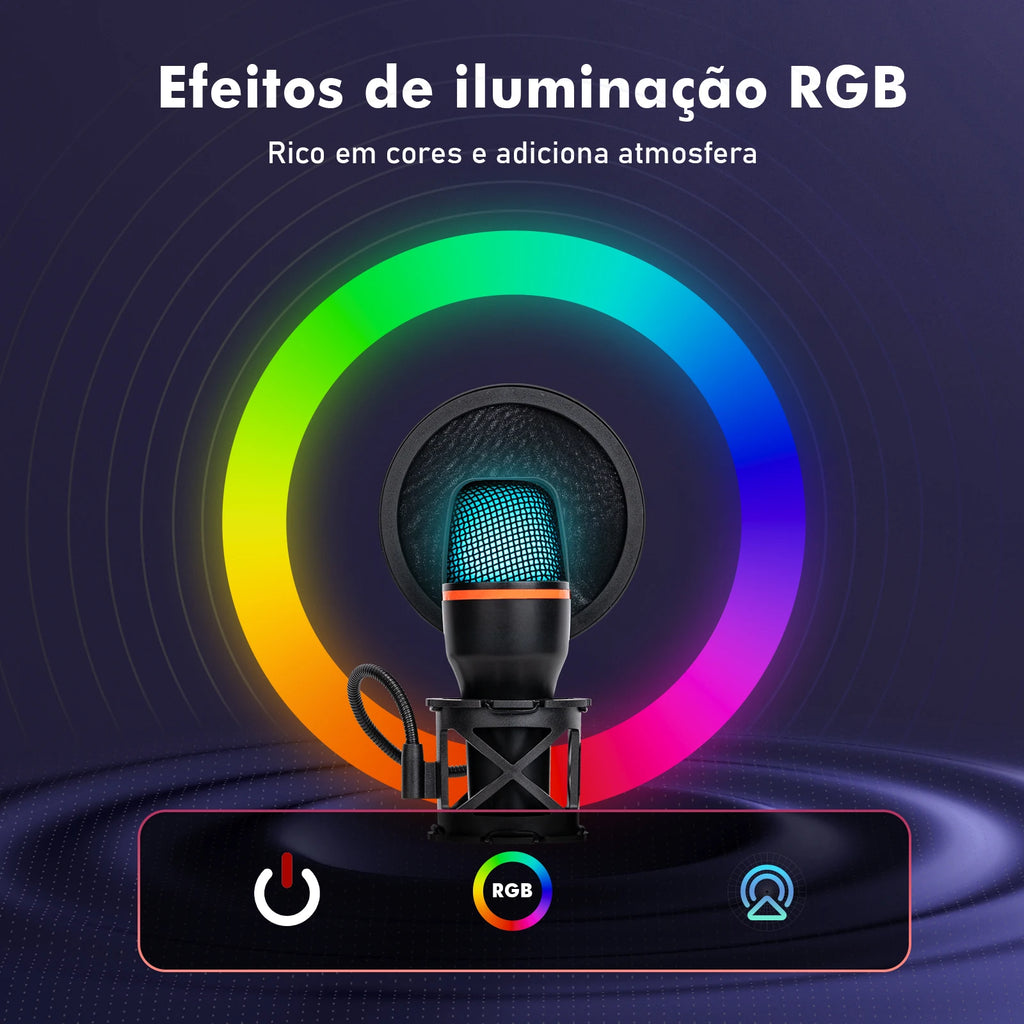 Microfone de Mesa USB Coibeu – 48KHz, Cancelamento Ativo de Ruído, RGB e Tripé Ajustável