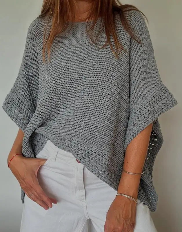 Blusa Feminina 2025 – Manga 3/4 Morcego, Padrão Vazado, Casual em Tricô