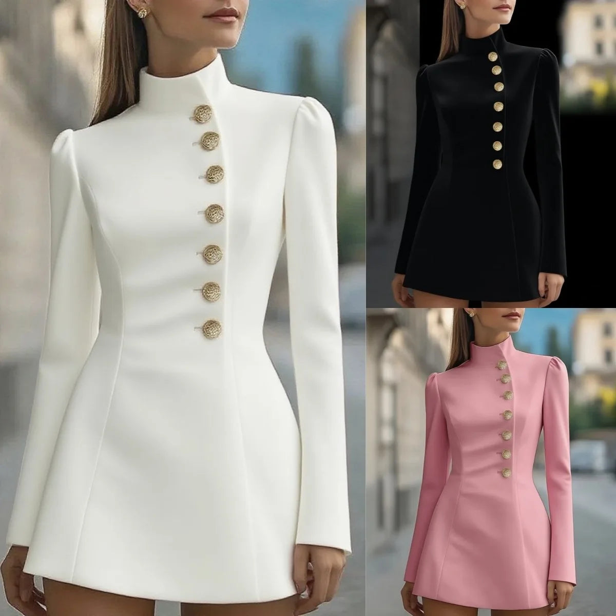 2025 New Women's Turtleneck Dress Suit Single-breasted High Waist Slim Long Sleeve Korean Style Office Pink Mini Skirt