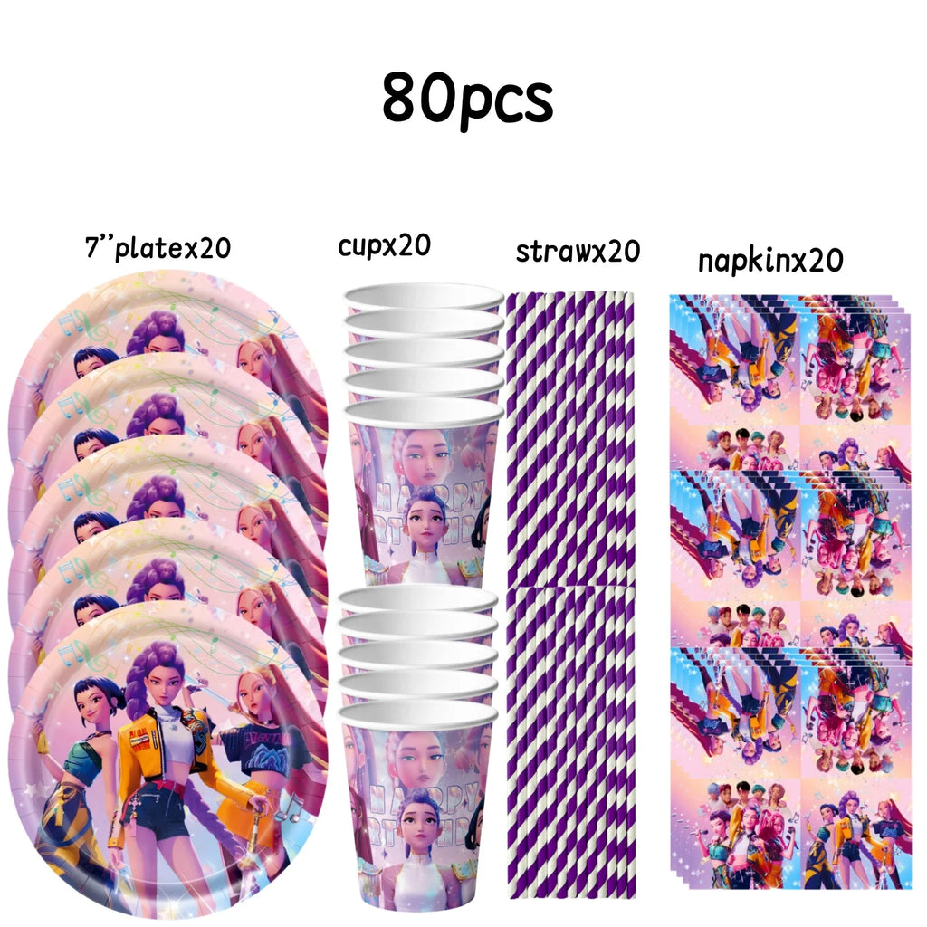 Caçador de demônios kpop decoração de festa k pop caçadores de demônios kit de pano de mesa de aniversário sacos de copo de prato caçadores de demônio kpop lembranças de festa