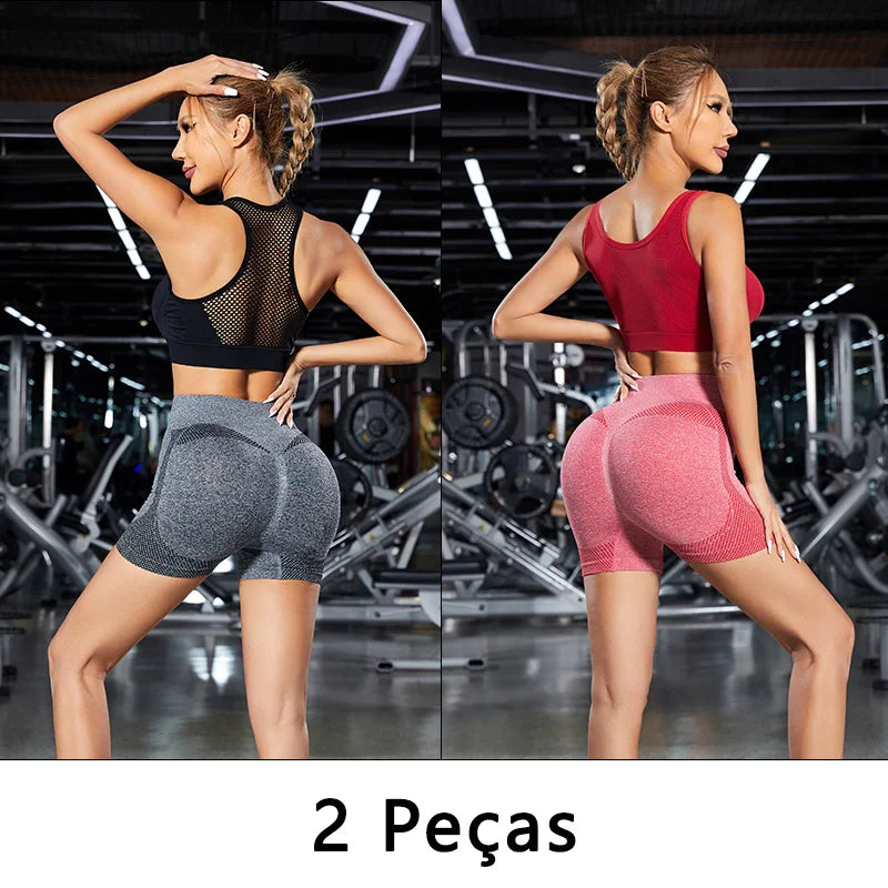 Conjunto 2 Peças – Shorts Esportivos Femininos, Ginástica e Yoga com Controle de Barriga e Glúteos
