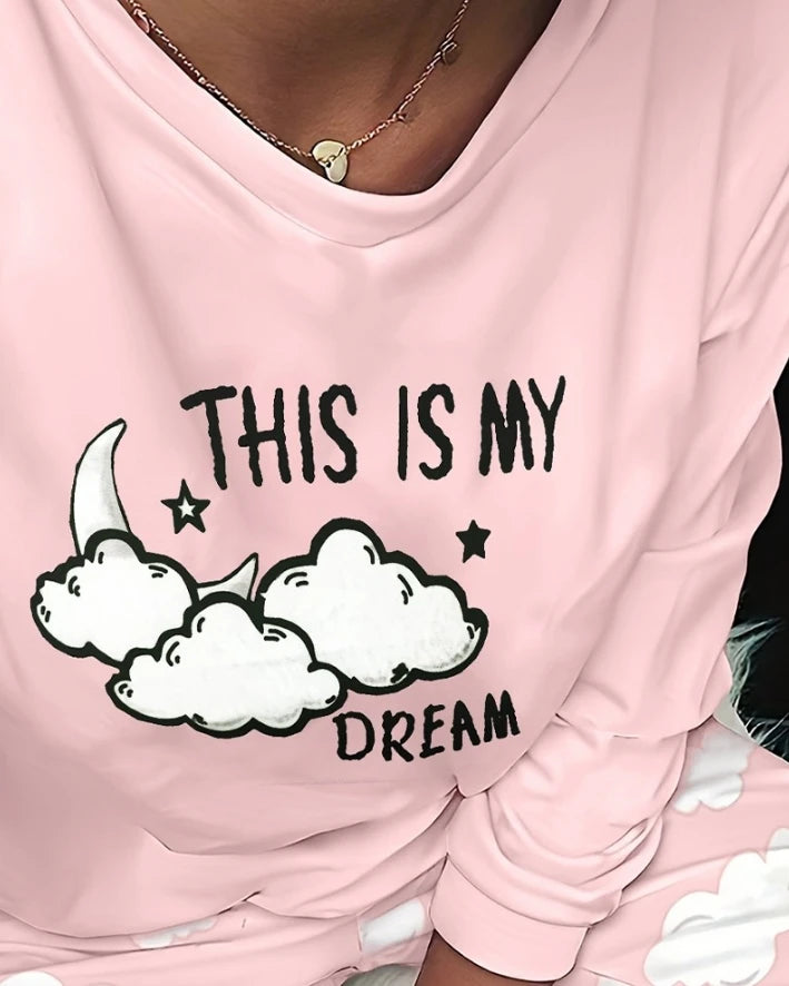 Two Piece Set Women Outfit 2024 Spring Fashion Letter Graphic Print Round Neck Long Sleeve Top & Casual Pocket Home Pajamas Set