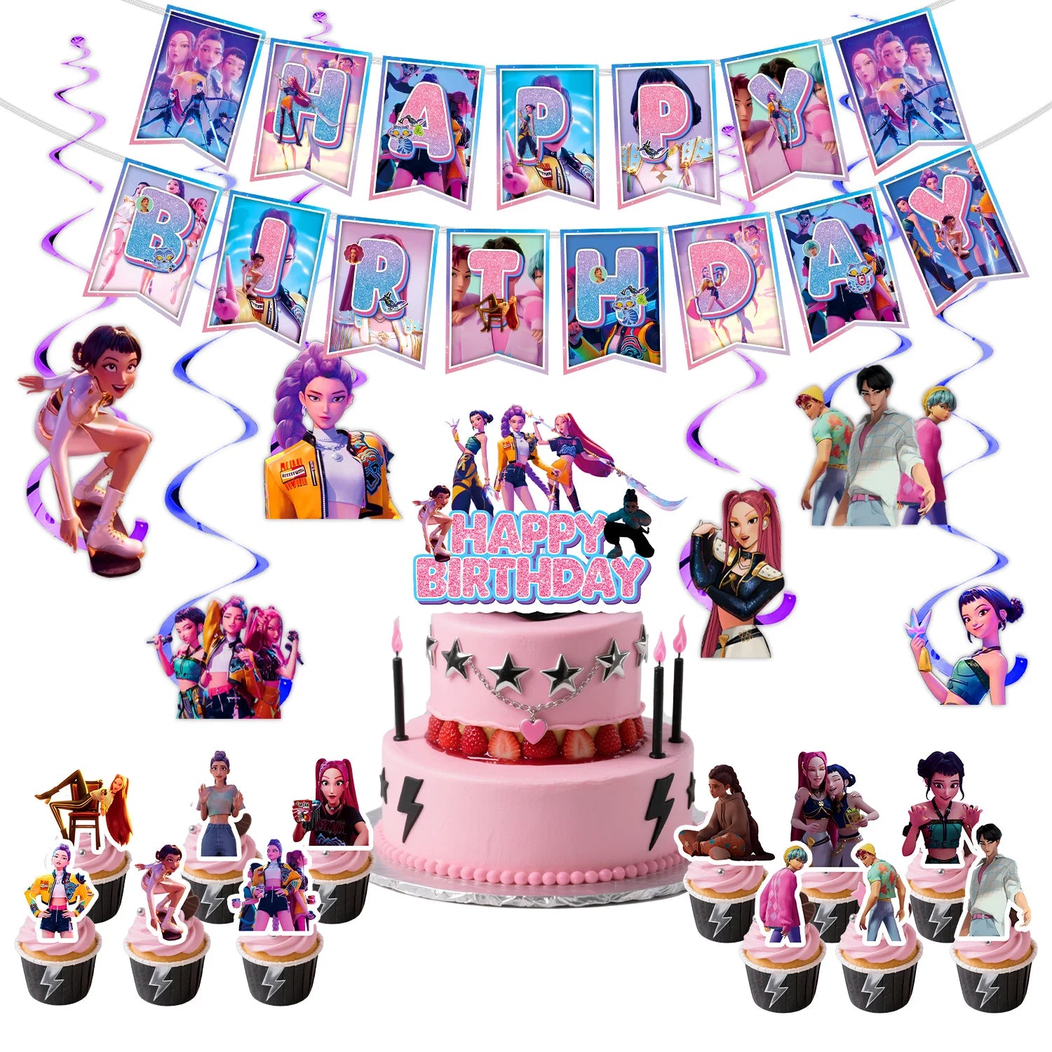 Caçador de demônios kpop decoração de festa k pop caçadores de demônios kit de pano de mesa de aniversário sacos de copo de prato caçadores de demônio kpop lembranças de festa