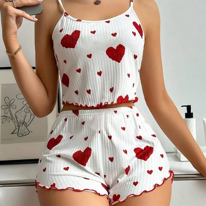 Conjunto Pijama Feminino 2 Peças – Regata e Shorts, Branco com Estampa Lov