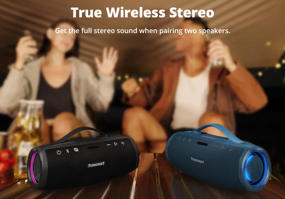 Caixa de Som Bluetooth Tronsmart Mirtune S100 – 50W, À Prova d’Água IPX7, Controle por App, Powerbank Integrado e Alça Retrátil