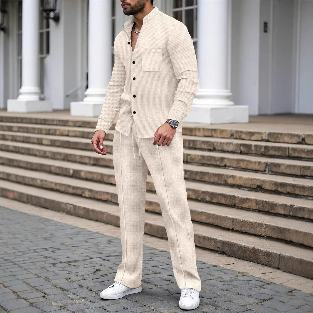 Conjunto Masculino Outono 2025 – Camisa Manga Longa com Bolso e Cardigan + Calça Casual