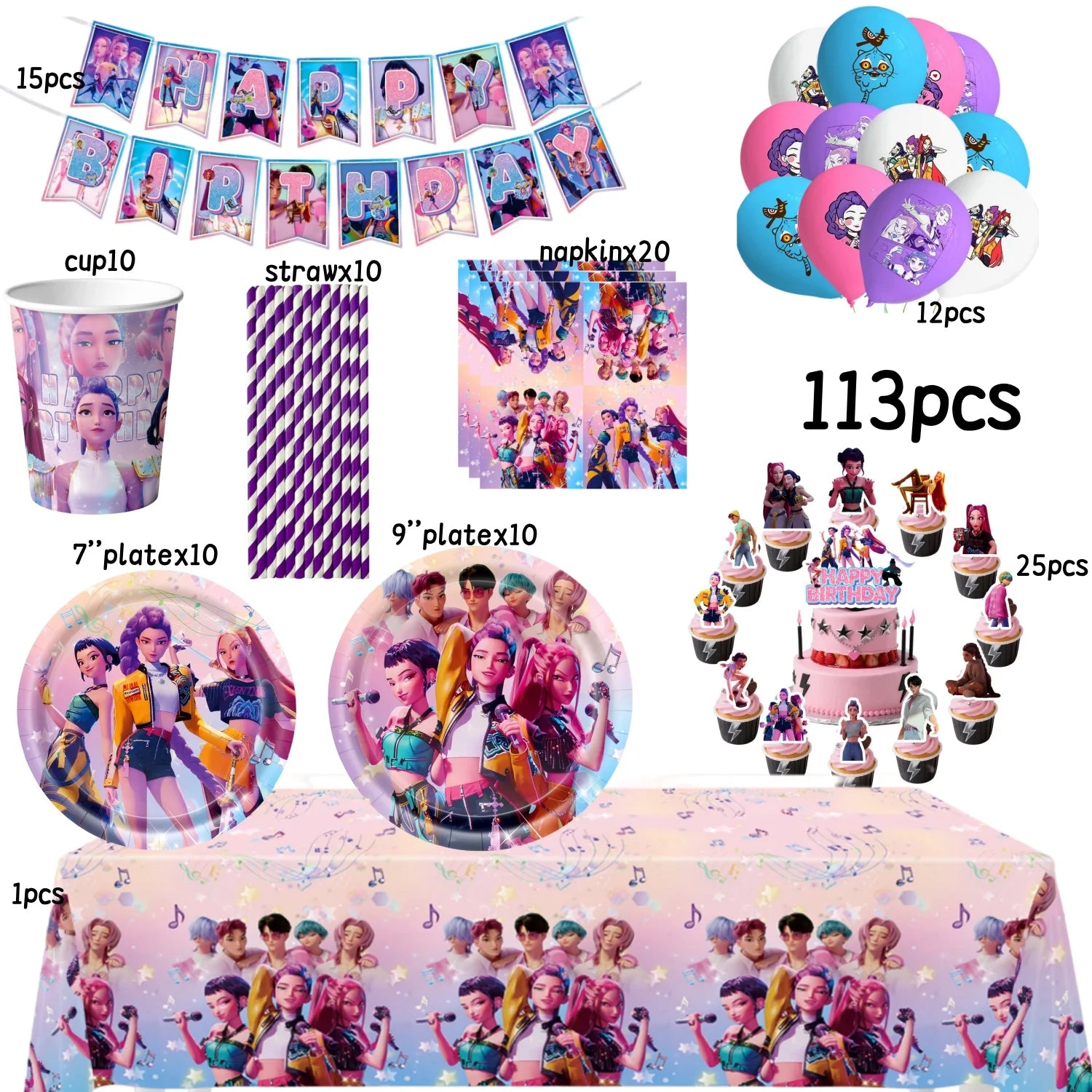 Caçador de demônios kpop decoração de festa k pop caçadores de demônios kit de pano de mesa de aniversário sacos de copo de prato caçadores de demônio kpop lembranças de festa