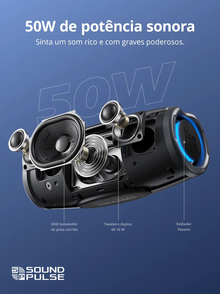 Caixa de Som Bluetooth Tronsmart Mirtune S100 – 50W, À Prova d’Água IPX7, Controle por App, Powerbank Integrado e Alça Retrátil