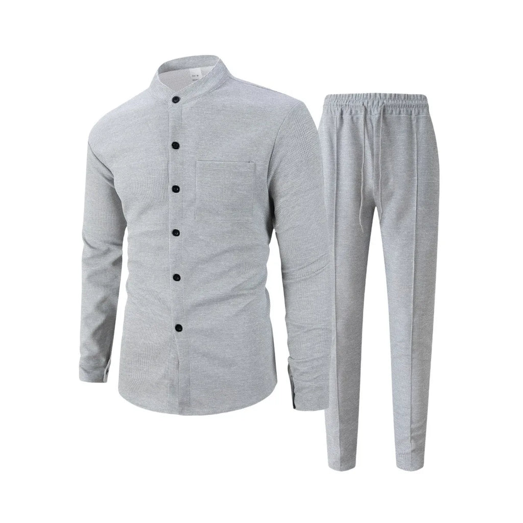 Conjunto Masculino Outono 2025 – Camisa Manga Longa com Bolso e Cardigan + Calça Casual