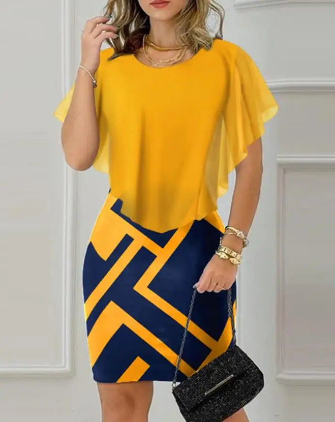 Vestido Bodycon Feminino 2025 – Manga Curta, Estampa Geométrica e Babado na Barra