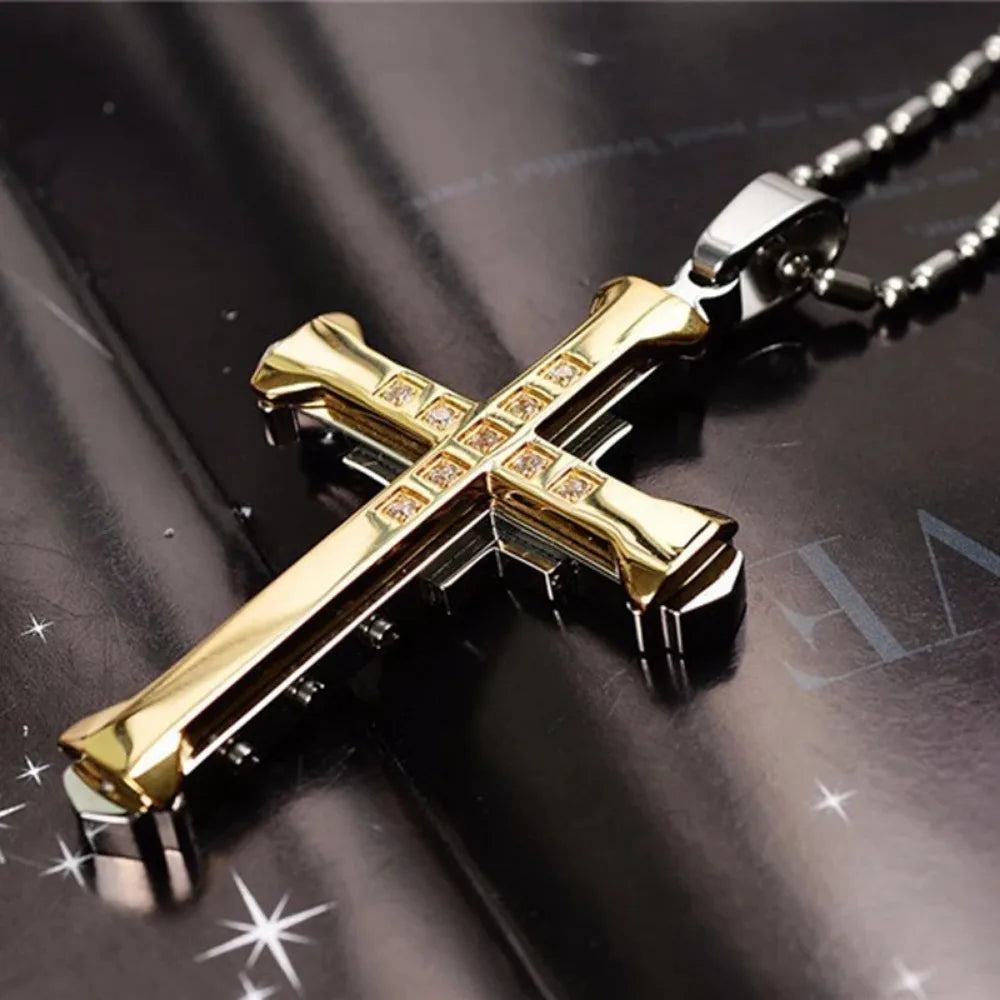 Pingente Masculino Cruz Cristal – Jesus, Zircônia, Dourado/Preto/Azul, Aço Inoxidável
