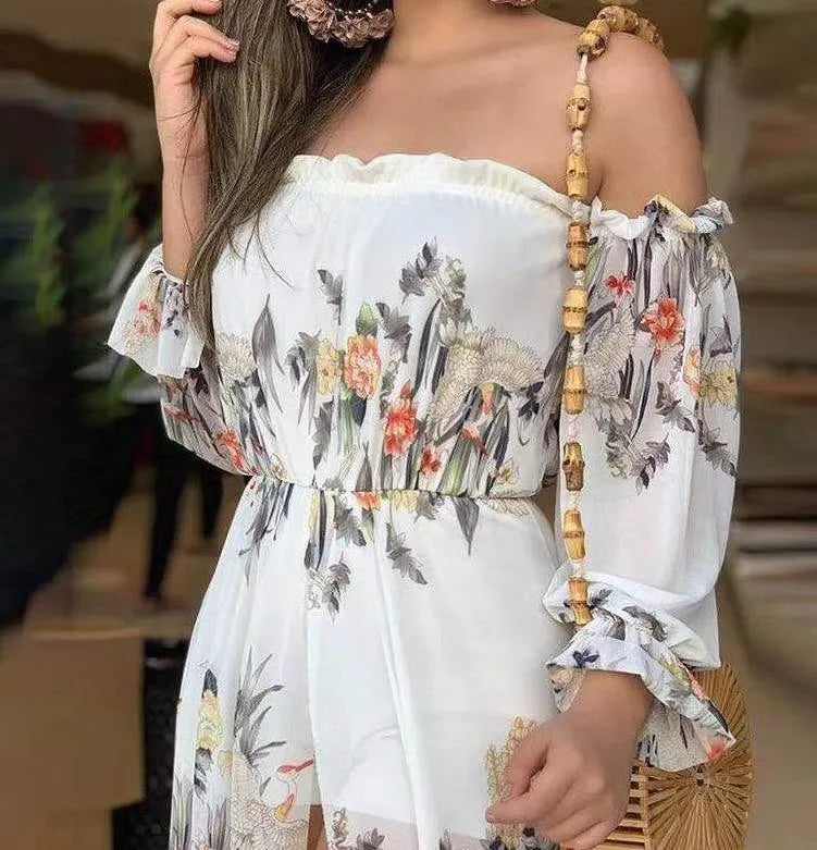 Vestido Feminino 2025 – Estampa Floral, Ombro a Ombro, Manga Longa, Cintura Alta e Fenda