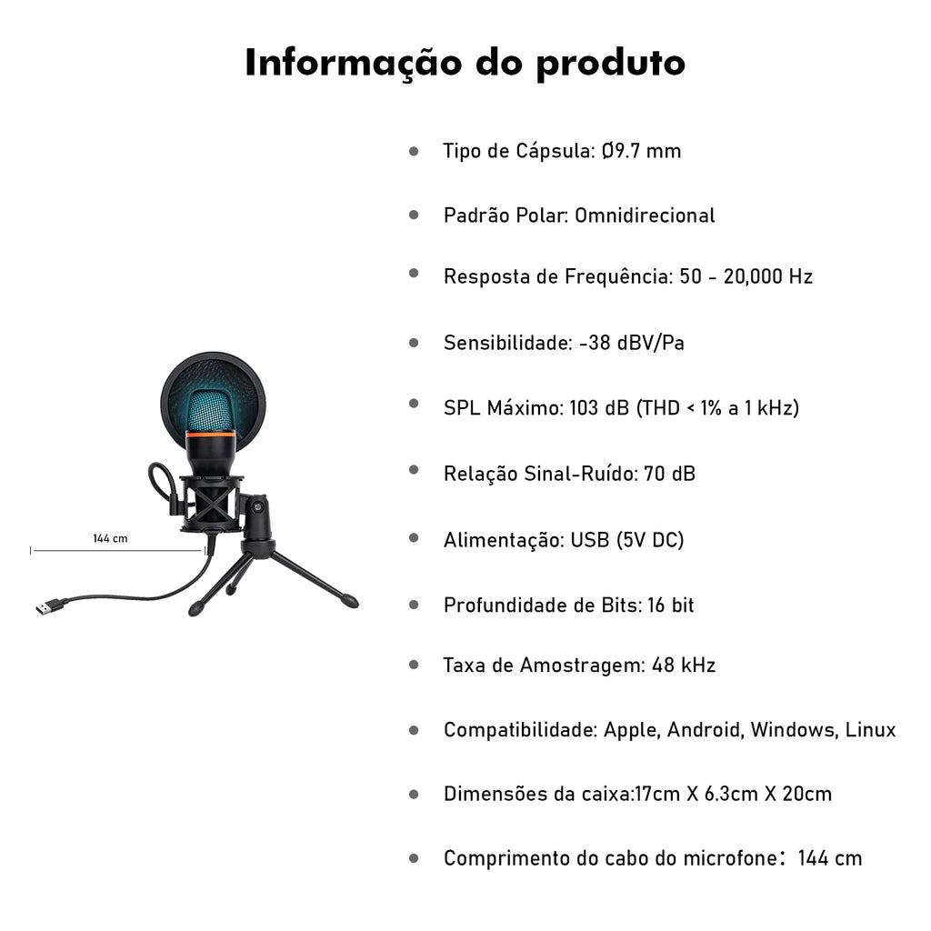Microfone de Mesa USB Coibeu – 48KHz, Cancelamento Ativo de Ruído, RGB e Tripé Ajustável