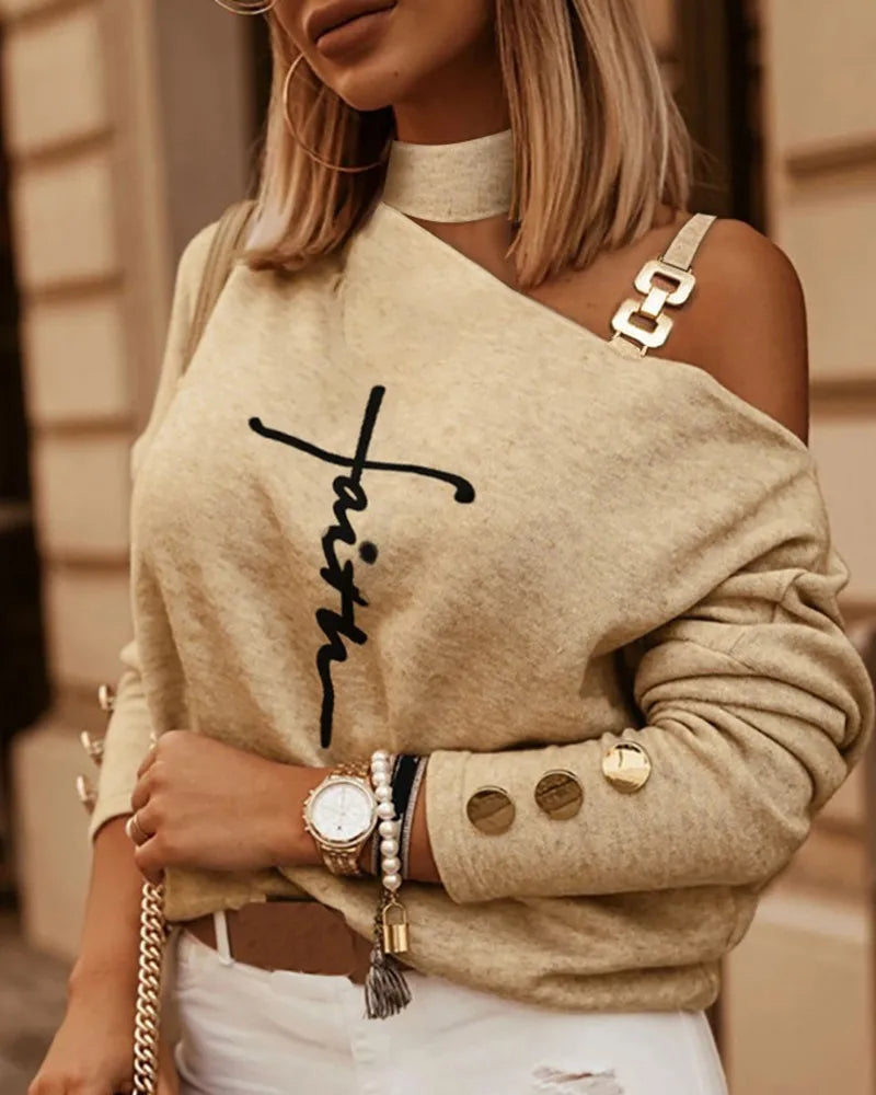 Blusa Feminina Ombro Único com Corrente – Manga Longa, Estilo Fashion e Sofisticado