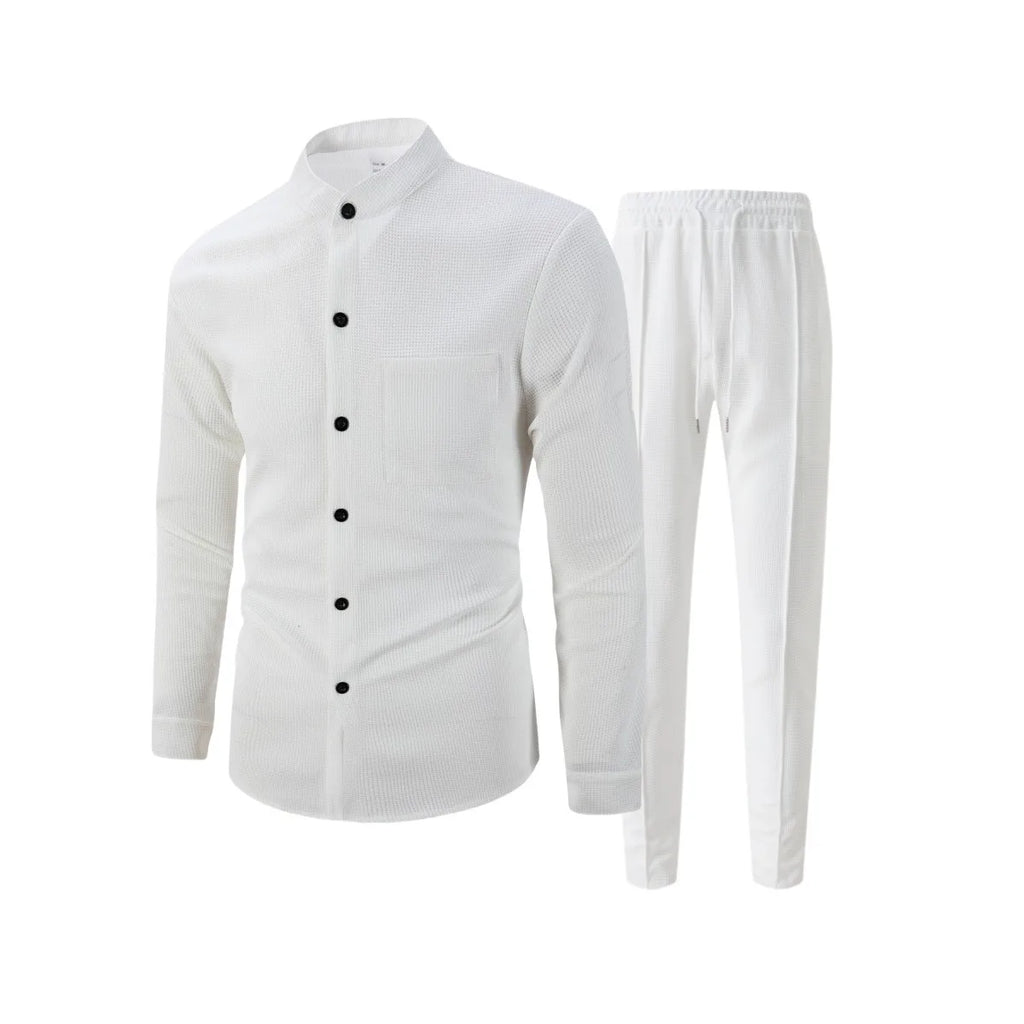 Conjunto Masculino Outono 2025 – Camisa Manga Longa com Bolso e Cardigan + Calça Casual