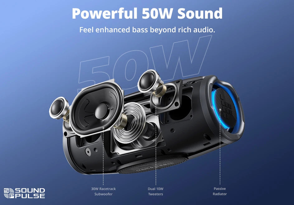 Caixa de Som Bluetooth Tronsmart Mirtune S100 – 50W, À Prova d’Água IPX7, Controle por App, Powerbank Integrado e Alça Retrátil
