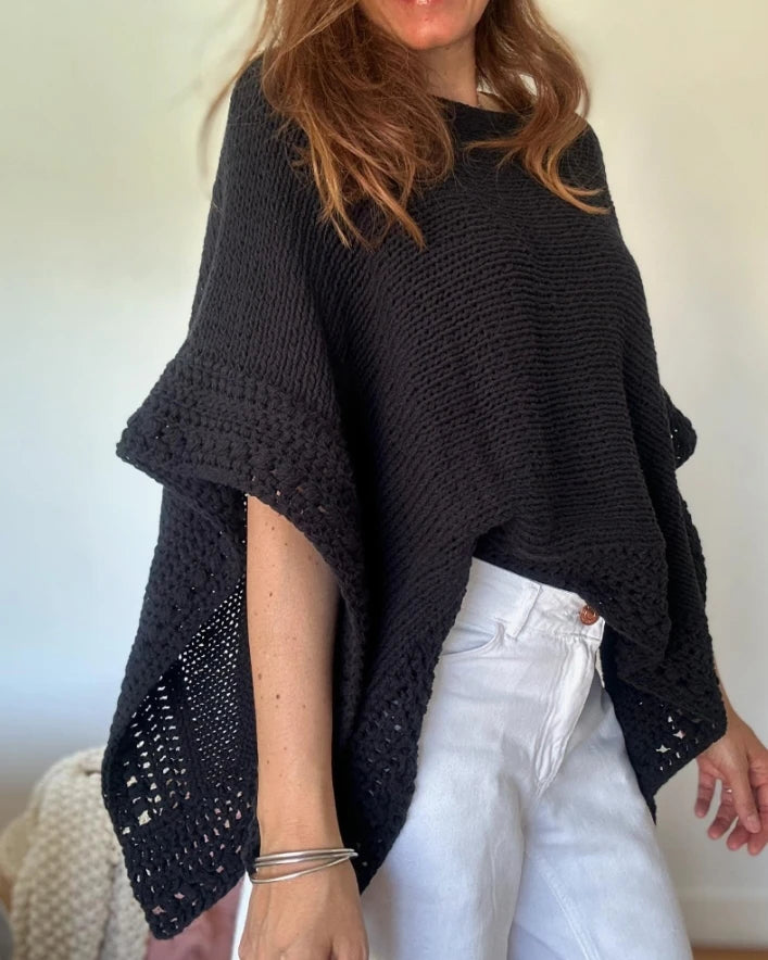 Blusa Feminina 2025 – Manga 3/4 Morcego, Padrão Vazado, Casual em Tricô