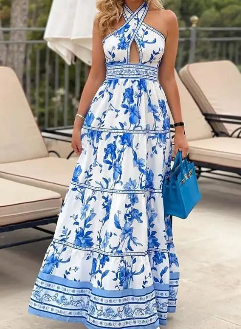 Vestido Feminino Longo 2025 – Estampa Floral, Halter, Cintura Vazado, Sem Manga