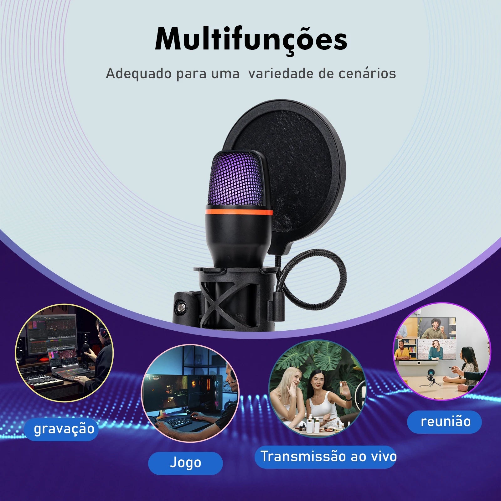 Microfone de Mesa USB Coibeu – 48KHz, Cancelamento Ativo de Ruído, RGB e Tripé Ajustável