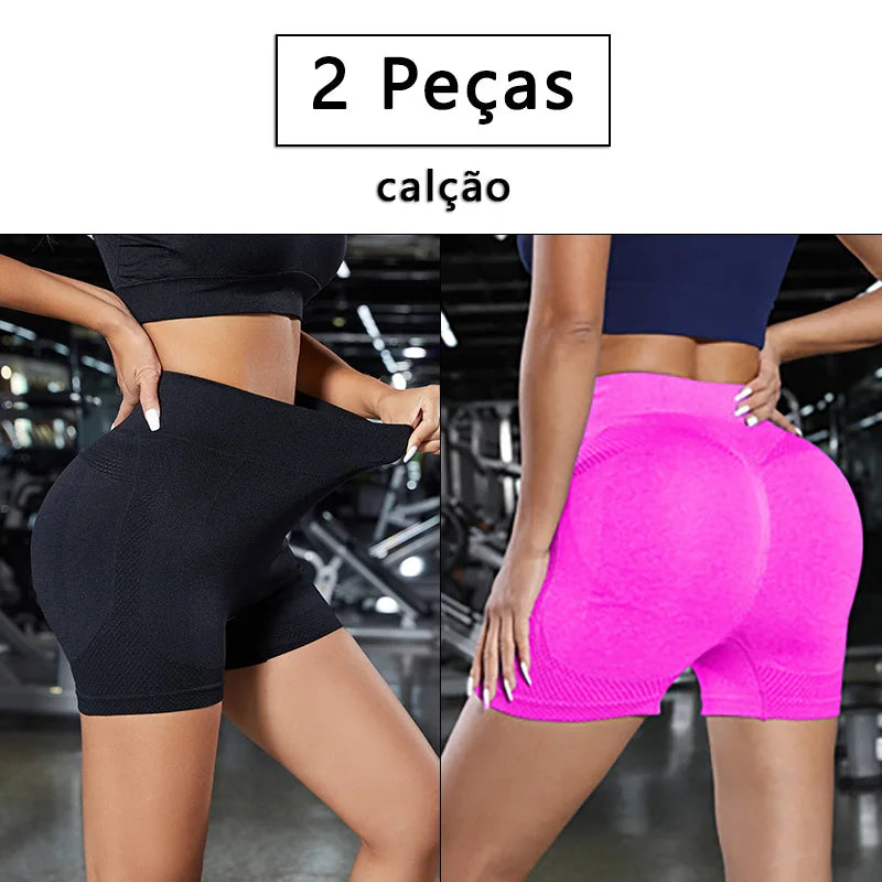 Conjunto 2 Peças – Shorts Esportivos Femininos, Ginástica e Yoga com Controle de Barriga e Glúteos
