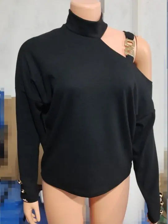Blusa Feminina Ombro Único com Corrente – Manga Longa, Estilo Fashion e Sofisticado